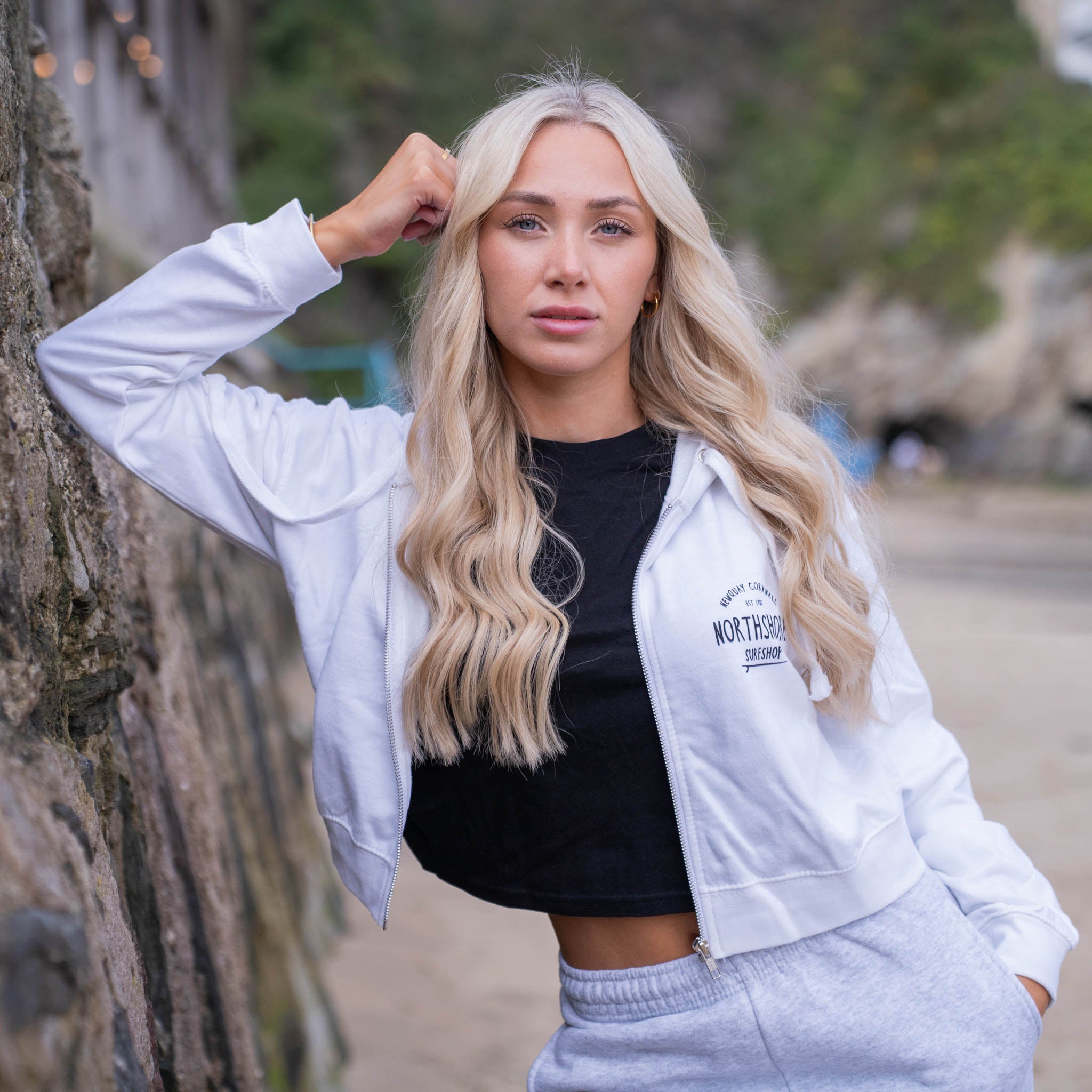 Girls Cropped Zip Hood | White | Northshore Surf Shop | Hooded Sweatshirt - Northshore Newquay - Surf/Skate