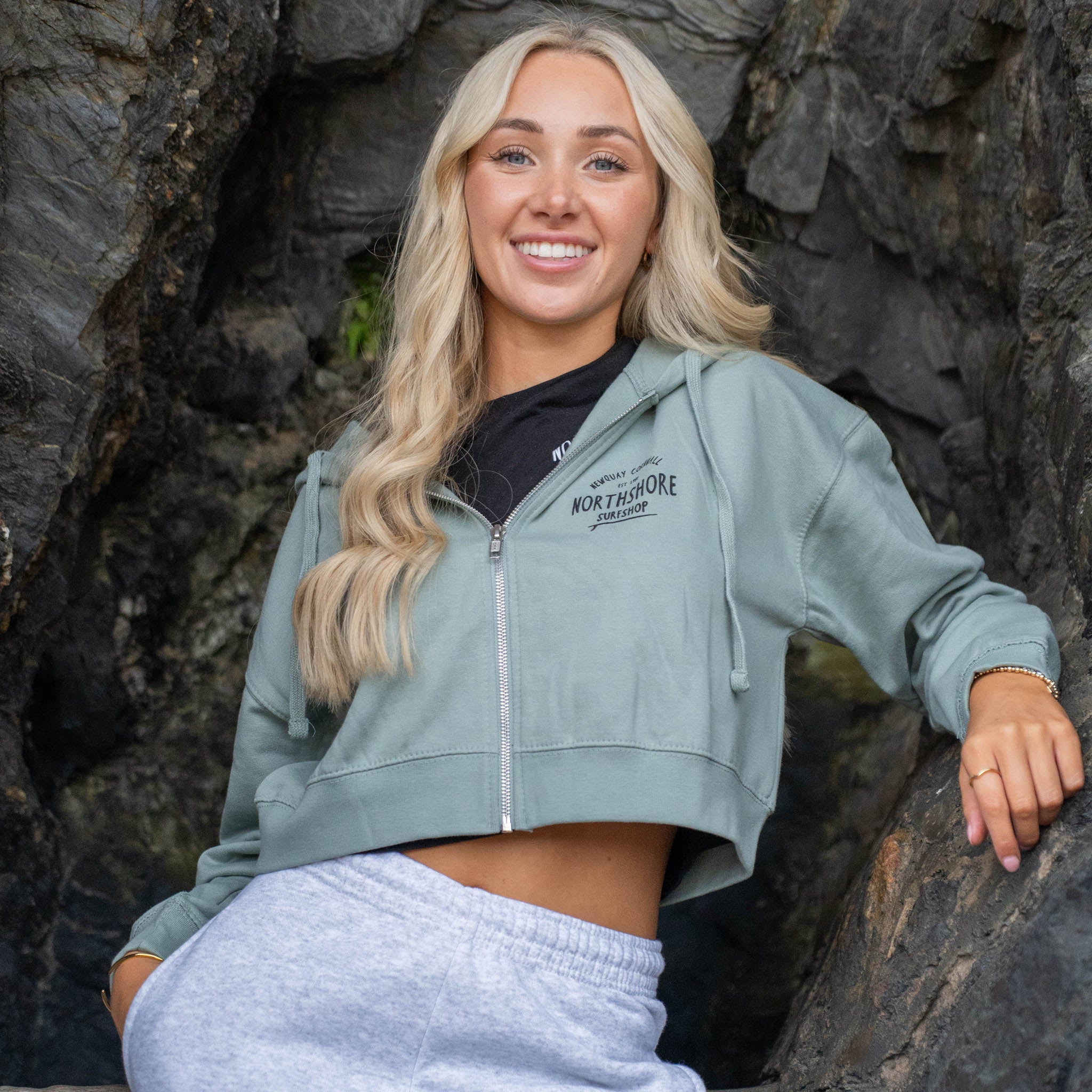 Girls Cropped Zip Hood | Dusty Green | Northshore Surf Shop | Hooded Sweatshirt - Northshore Newquay - Surf/Skate