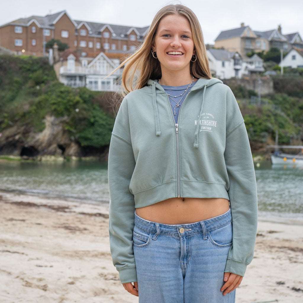 Girls Cropped Zip Hood | Dusty Green | Northshore Surf Shop | Hooded Sweatshirt - Northshore Newquay - Surf/Skate