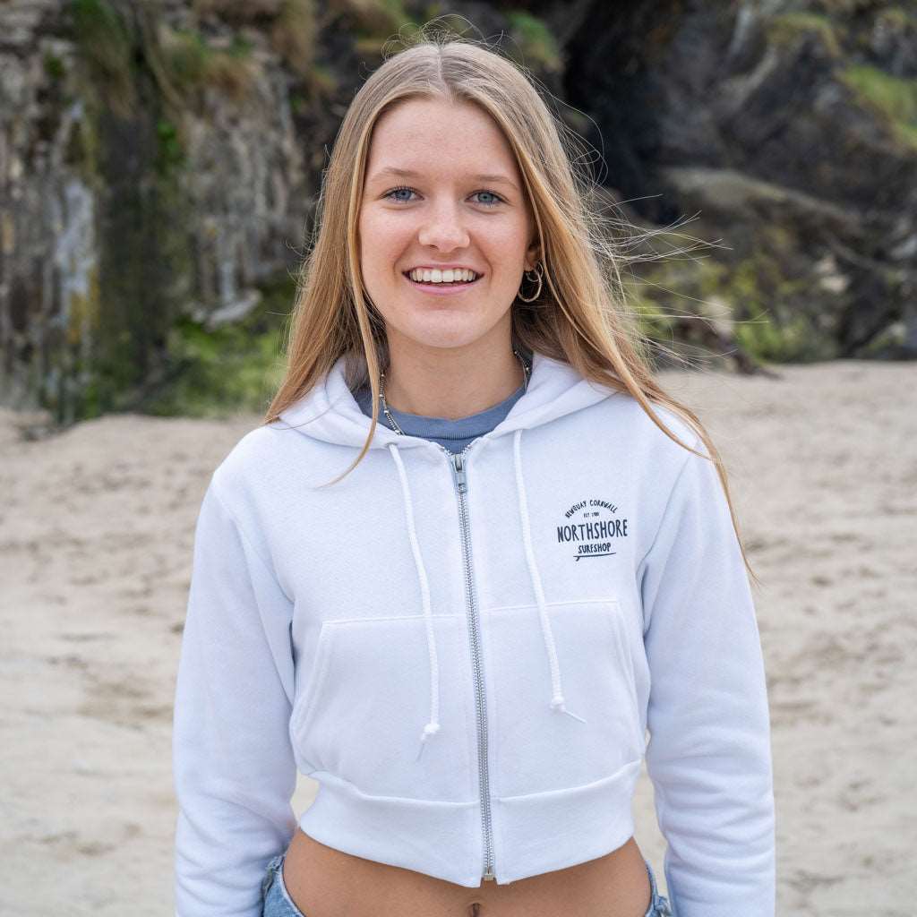 Girls Cropped Zip Hood | White | Northshore Surf Shop | Hooded Sweatshirt - Northshore Newquay - Surf/Skate