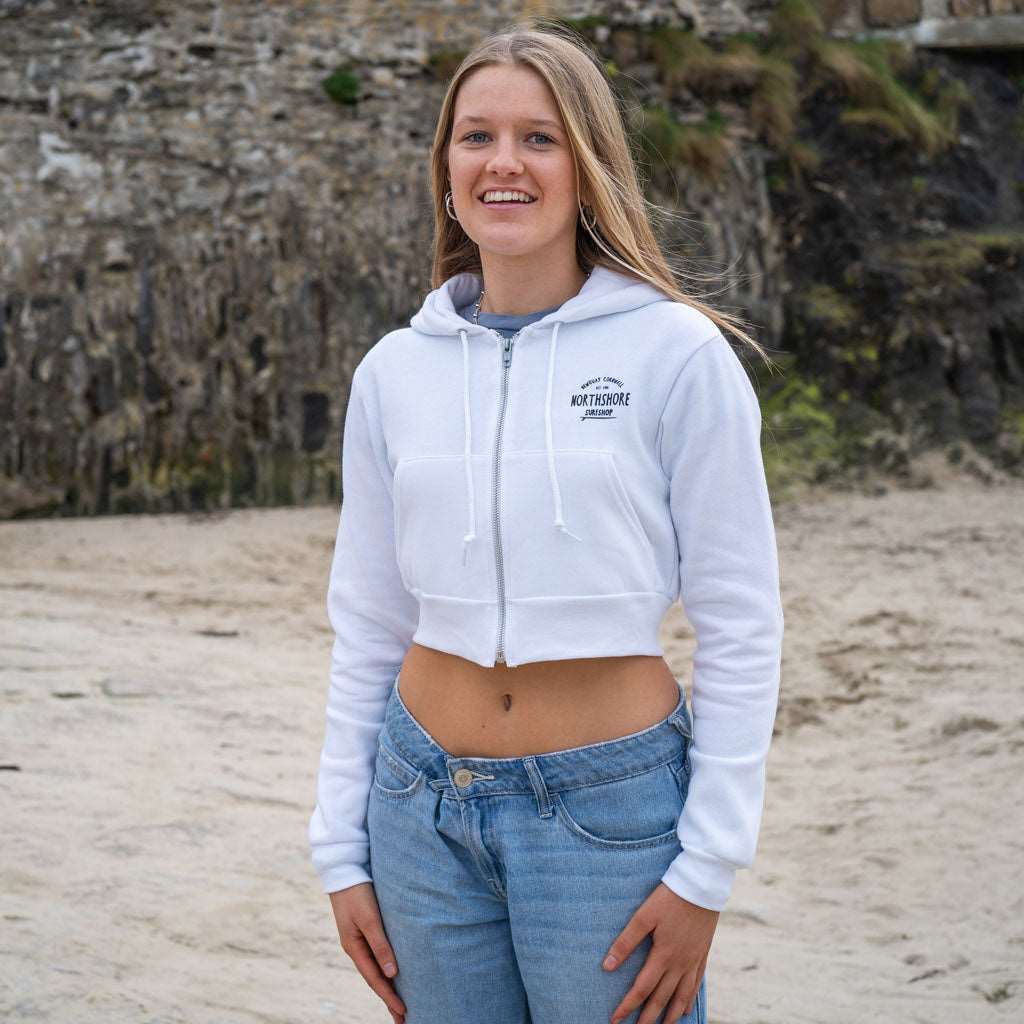 Girls Cropped Zip Hood | White | Northshore Surf Shop | Hooded Sweatshirt - Northshore Newquay - Surf/Skate