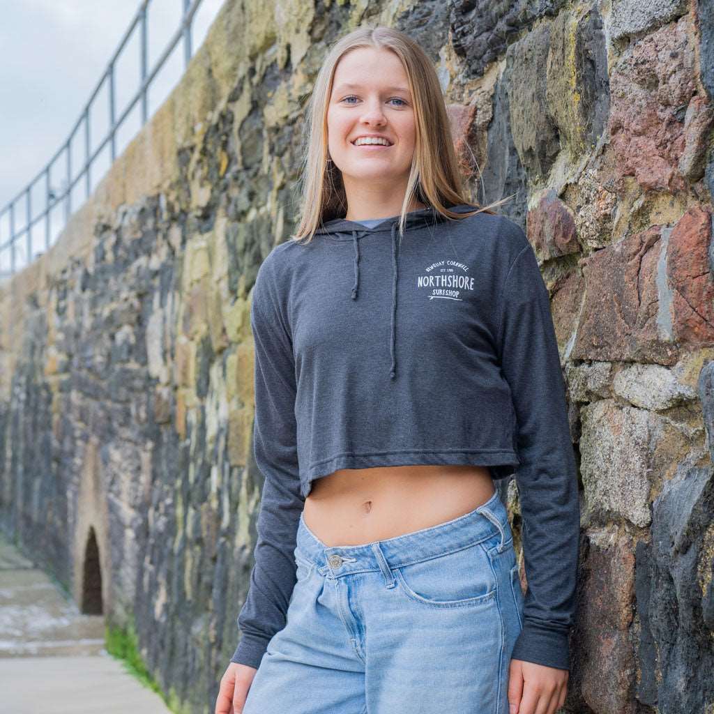 Girls Crop LS Hooded Tee | Grey | Northshore Surf Shop | Long Sleeve T Shirt - Northshore Newquay - Surf/Skate