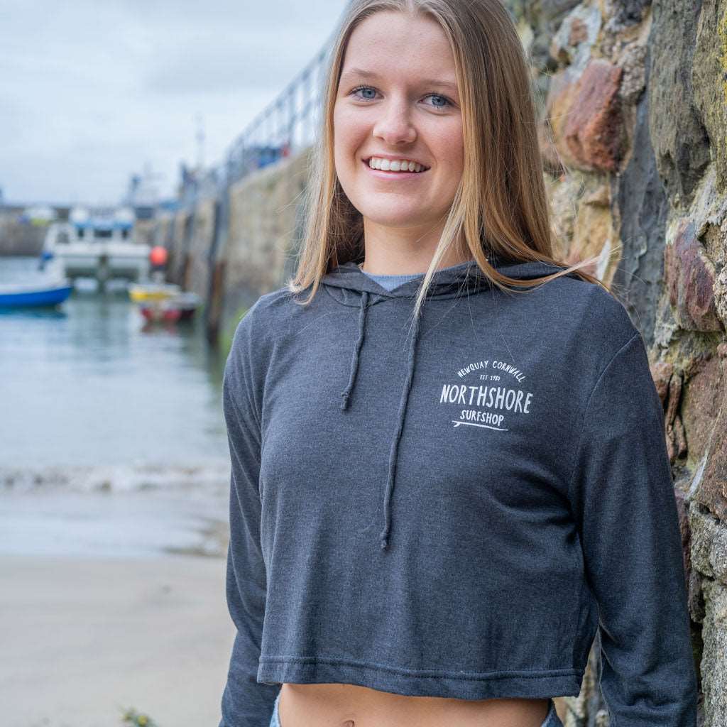 Girls Crop LS Hooded Tee | Grey | Northshore Surf Shop | Long Sleeve T Shirt - Northshore Newquay - Surf/Skate