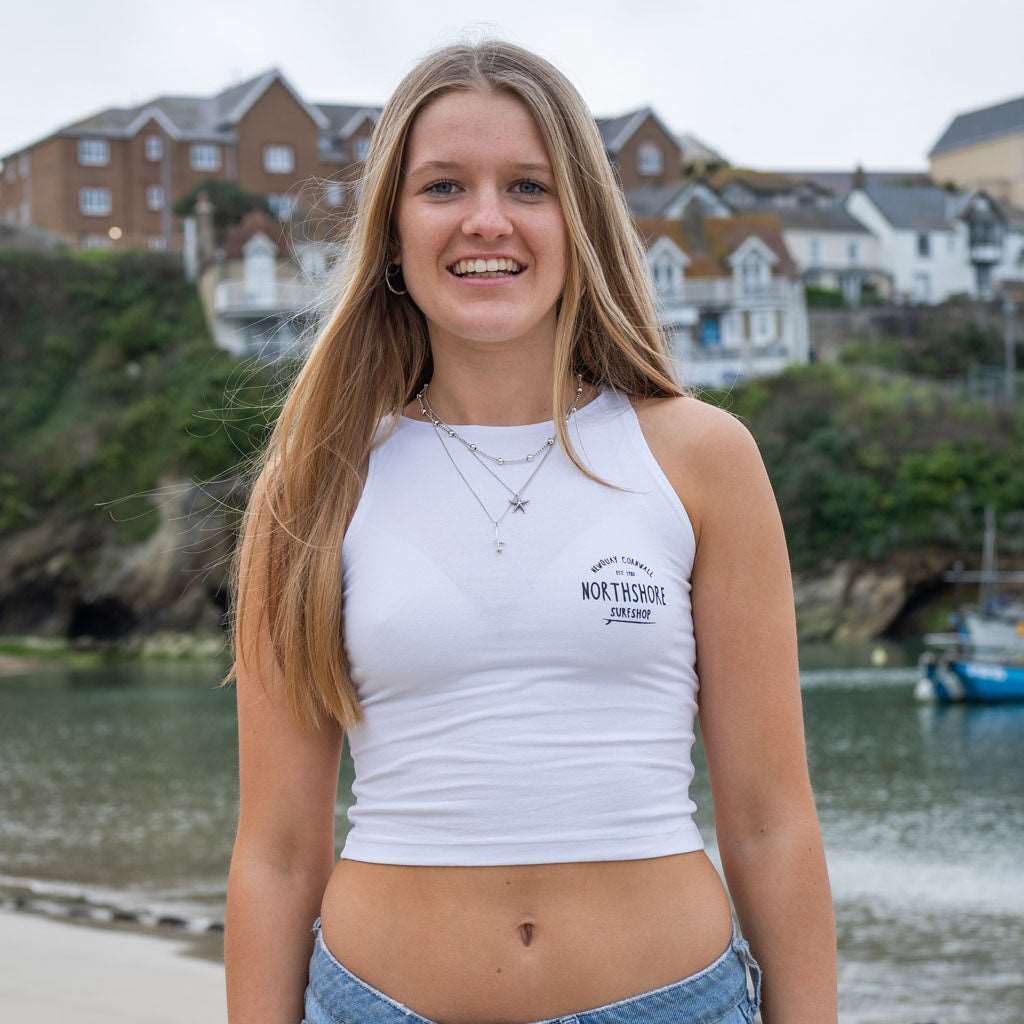 Girls Cropped Racer Top | White | Northshore Surf Shop | Vest - Northshore Newquay - Surf/Skate