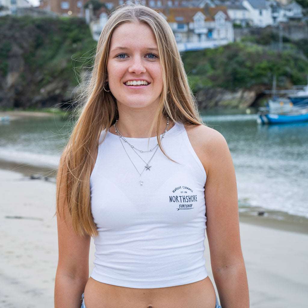 Girls Cropped Racer Top | White | Northshore Surf Shop | Vest - Northshore Newquay - Surf/Skate