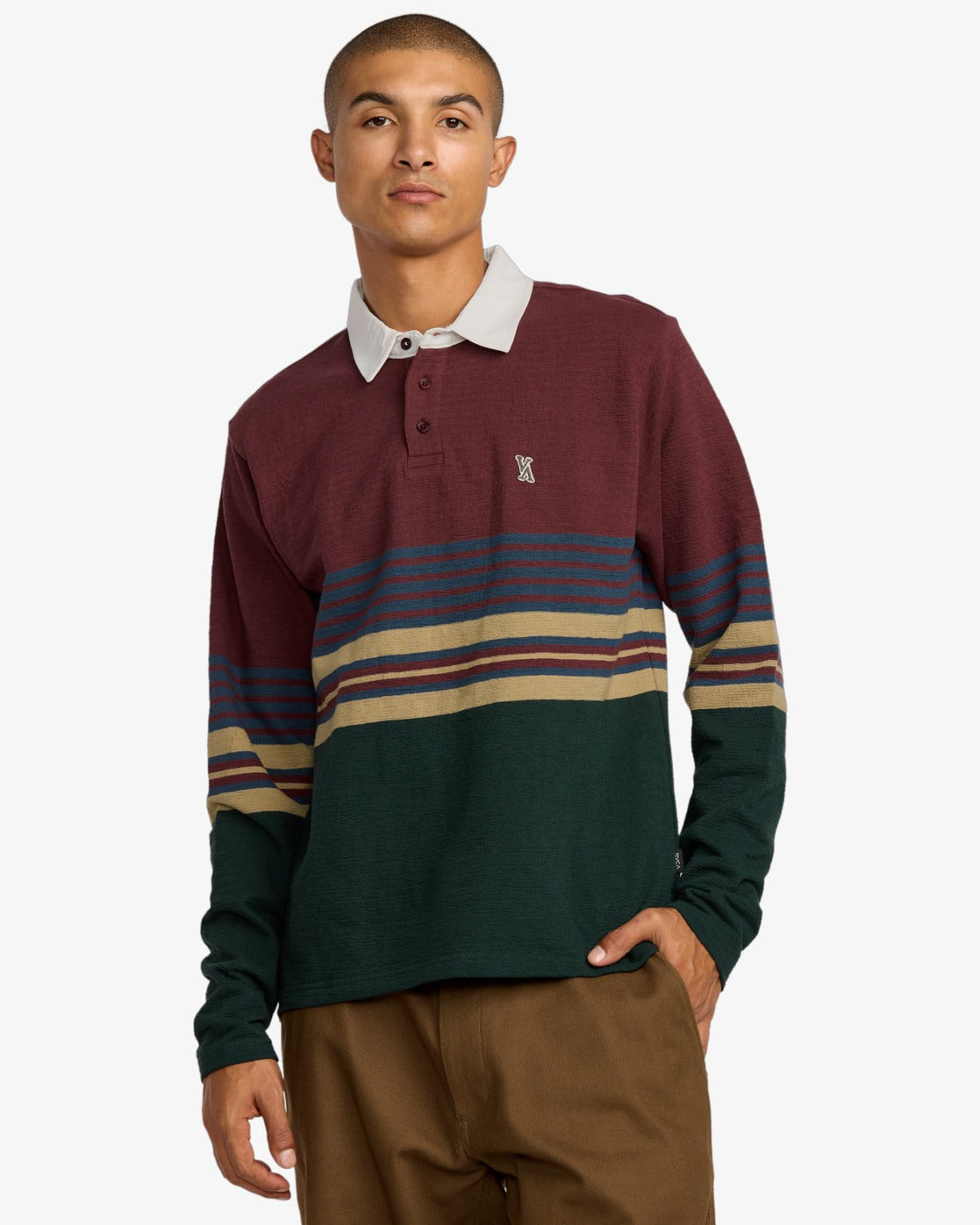 RVCA Harbor Long Sleeve Polo Shirt-Red Earth