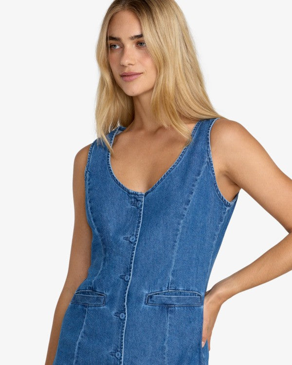 RVCA Lainey Mini Denim Dress- Crystal Blue | RVCA | - Northshore Newquay - Surf/Skate Shop