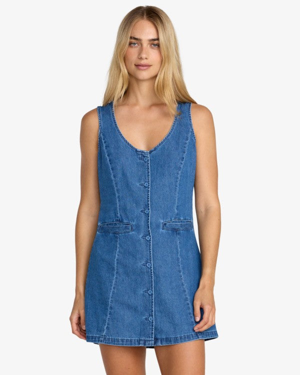 RVCA Lainey Mini Denim Dress- Crystal Blue XL | RVCA | - Northshore Newquay - Surf/Skate Shop