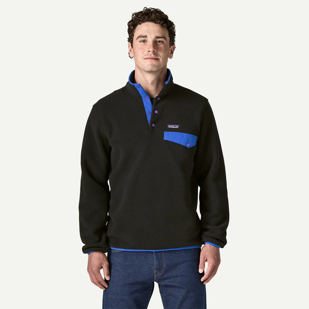 Patagonia Men's Lightweight Synchilla® Snap-T® Fleece Pullover-Black w/P6 Blue