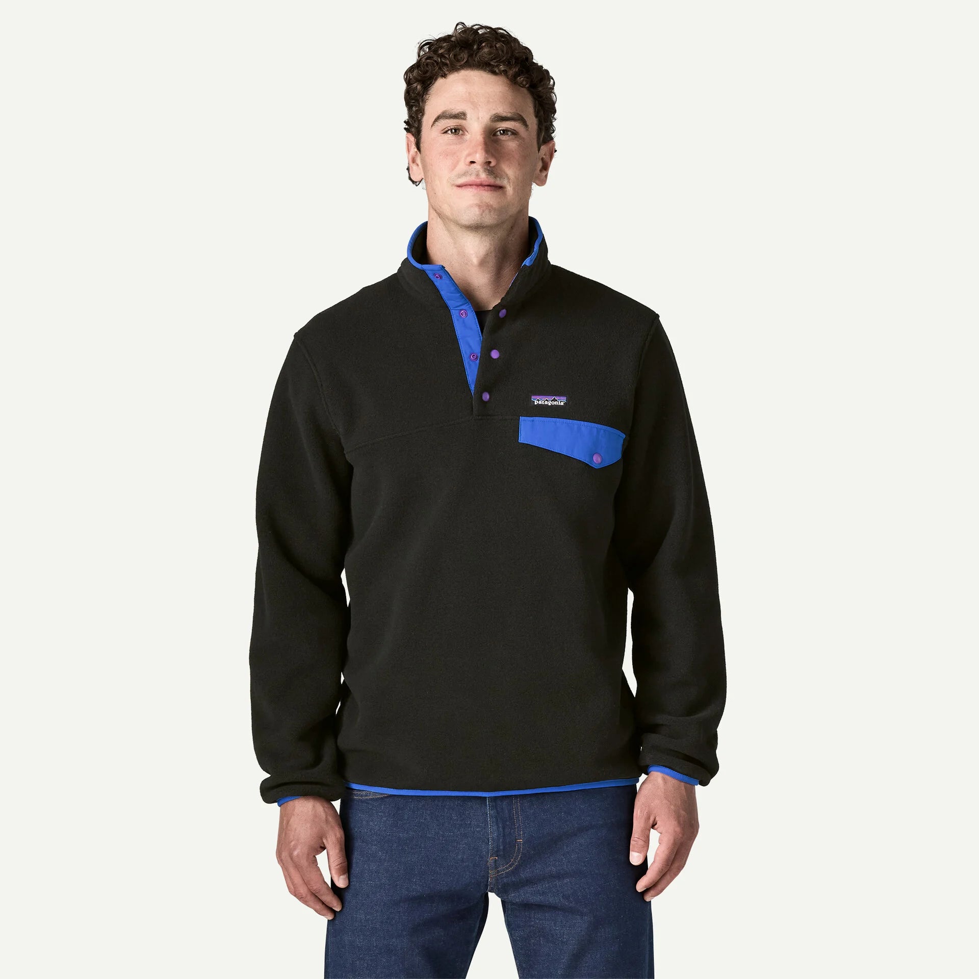 Patagonia Men's Lightweight Synchilla® Snap-T® Fleece Pullover-Black w/P6 Blue