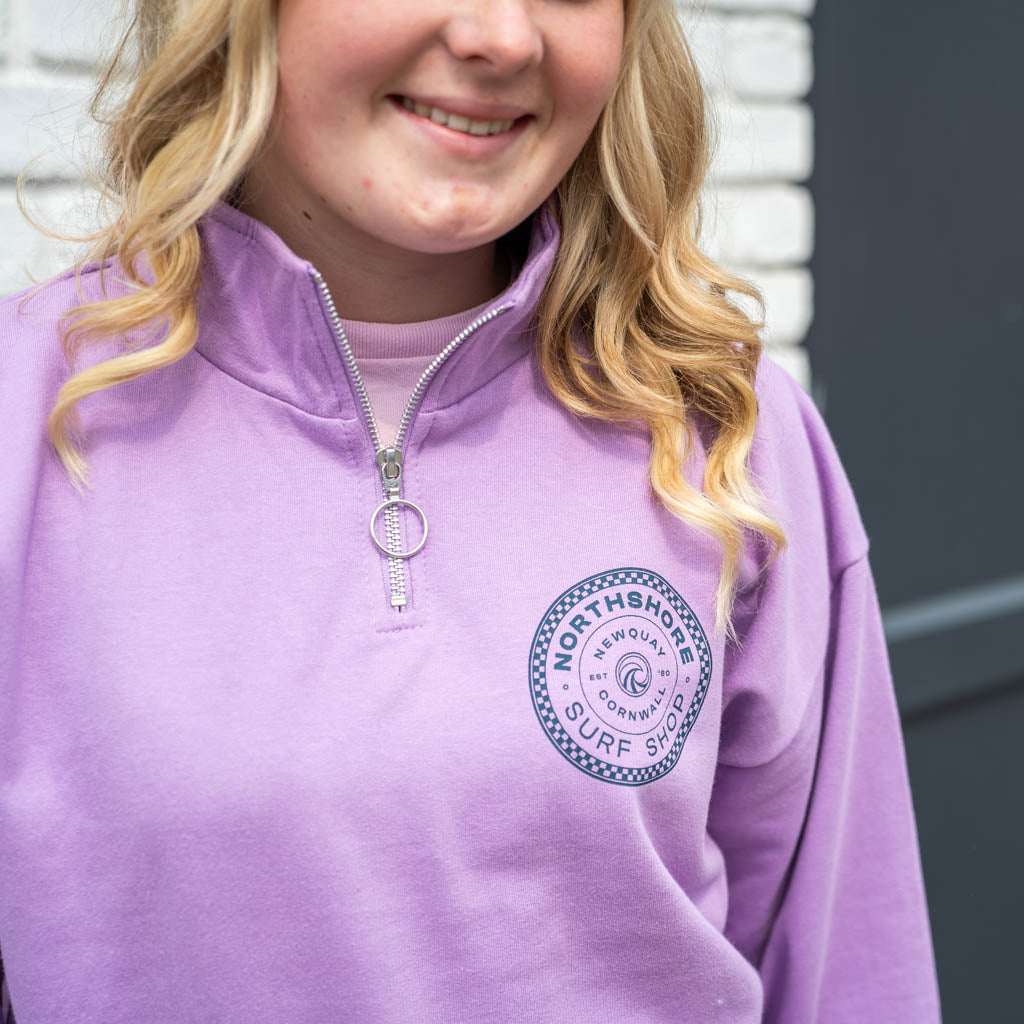 Checkered logo Cropped 1/4 Zip-Lavender | Northshore Surf Shop | Sweatshirt