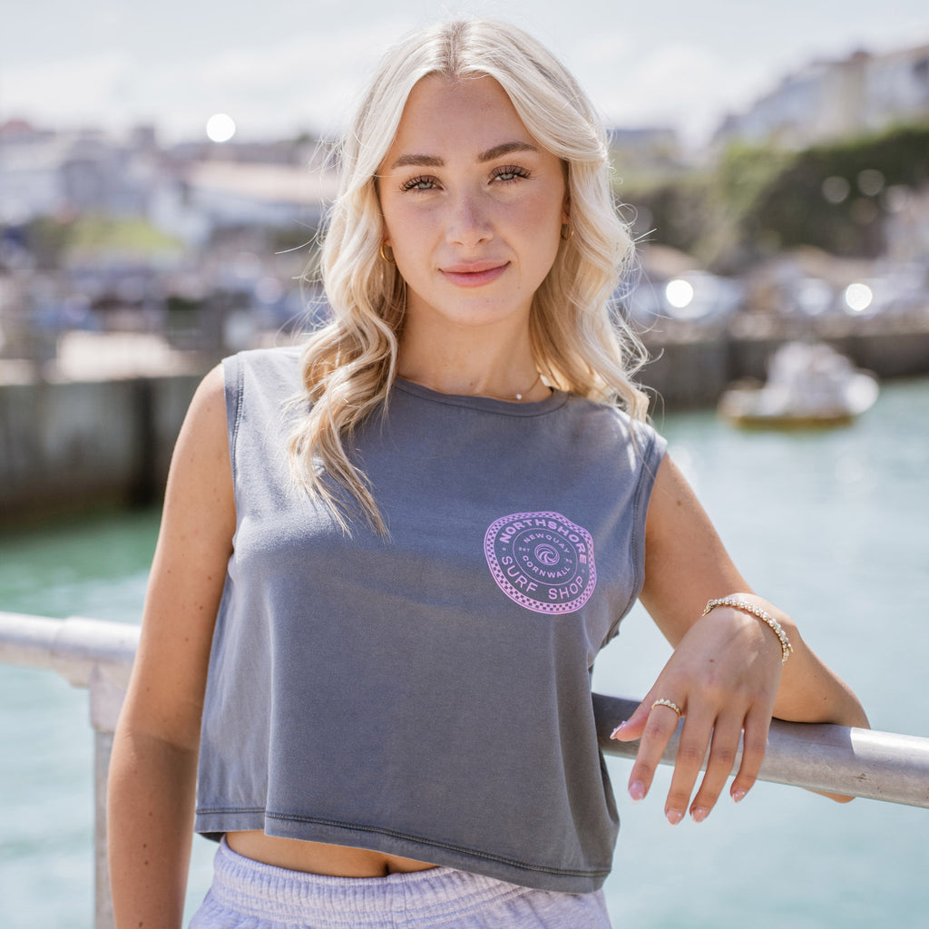 Girls Checkered Cropped Tank-Mineral Grey | Northshore Surf Shop | Tank top