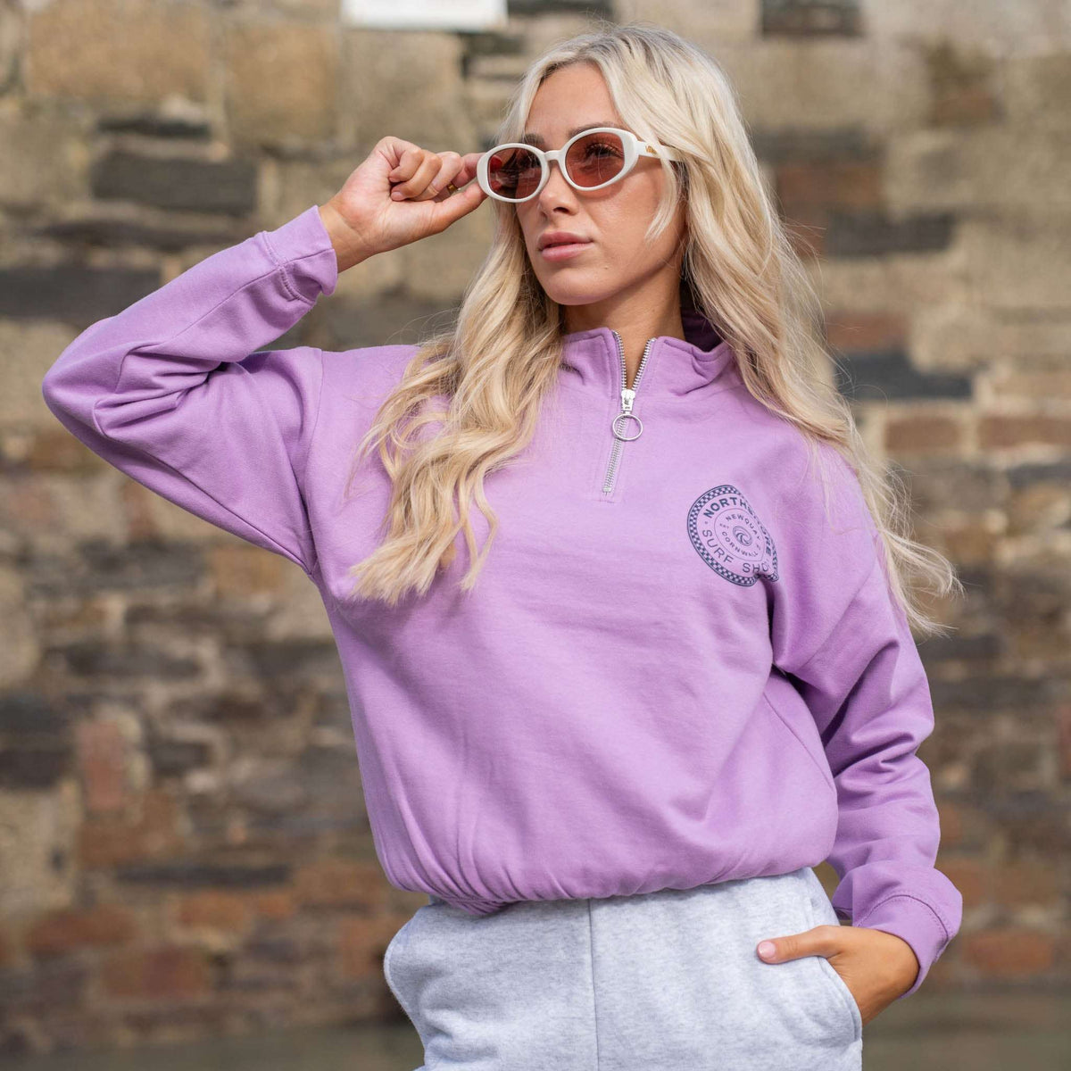 Checkered logo Cropped 1/4 Zip-Lavender | Northshore Surf Shop | Sweatshirt - Northshore Newquay - Surf/Skate Shop