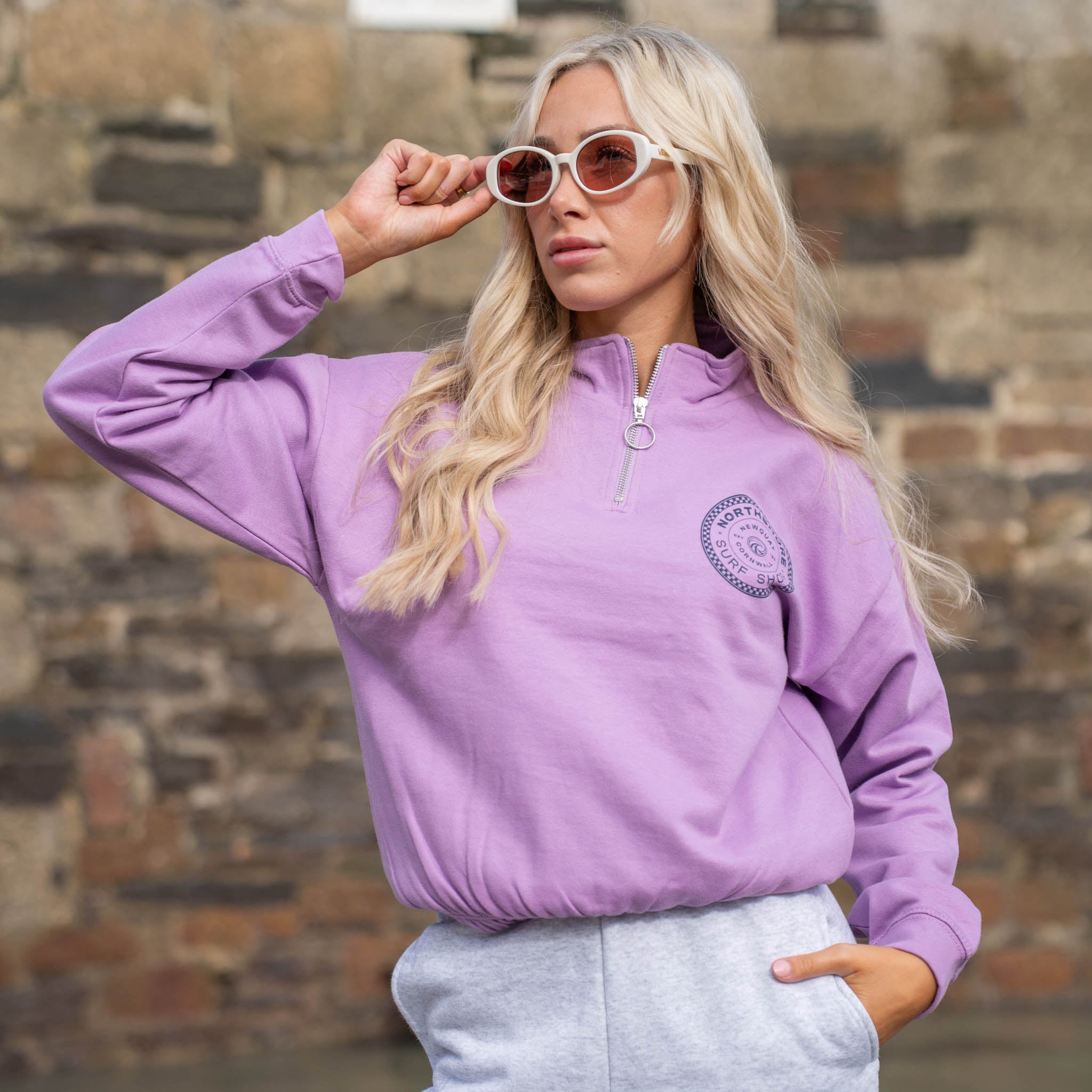 Checkered logo Cropped 1/4 Zip-Lavender | Northshore Surf Shop | Sweatshirt - Northshore Newquay - Surf/Skate