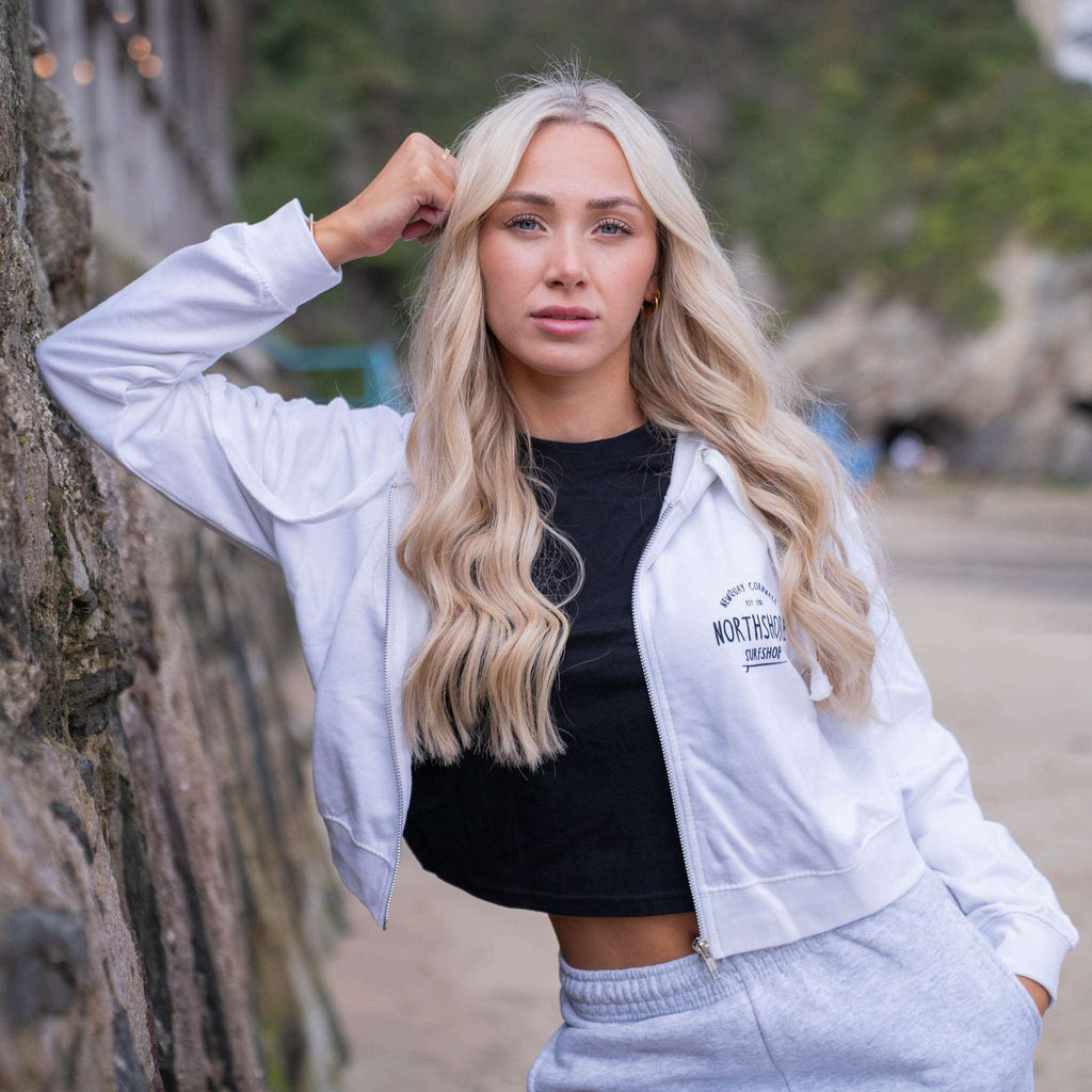 Girls Cropped Zip Hood | White | Northshore Surf Shop | Hooded Sweatshirt - Northshore Newquay - Surf/Skate
