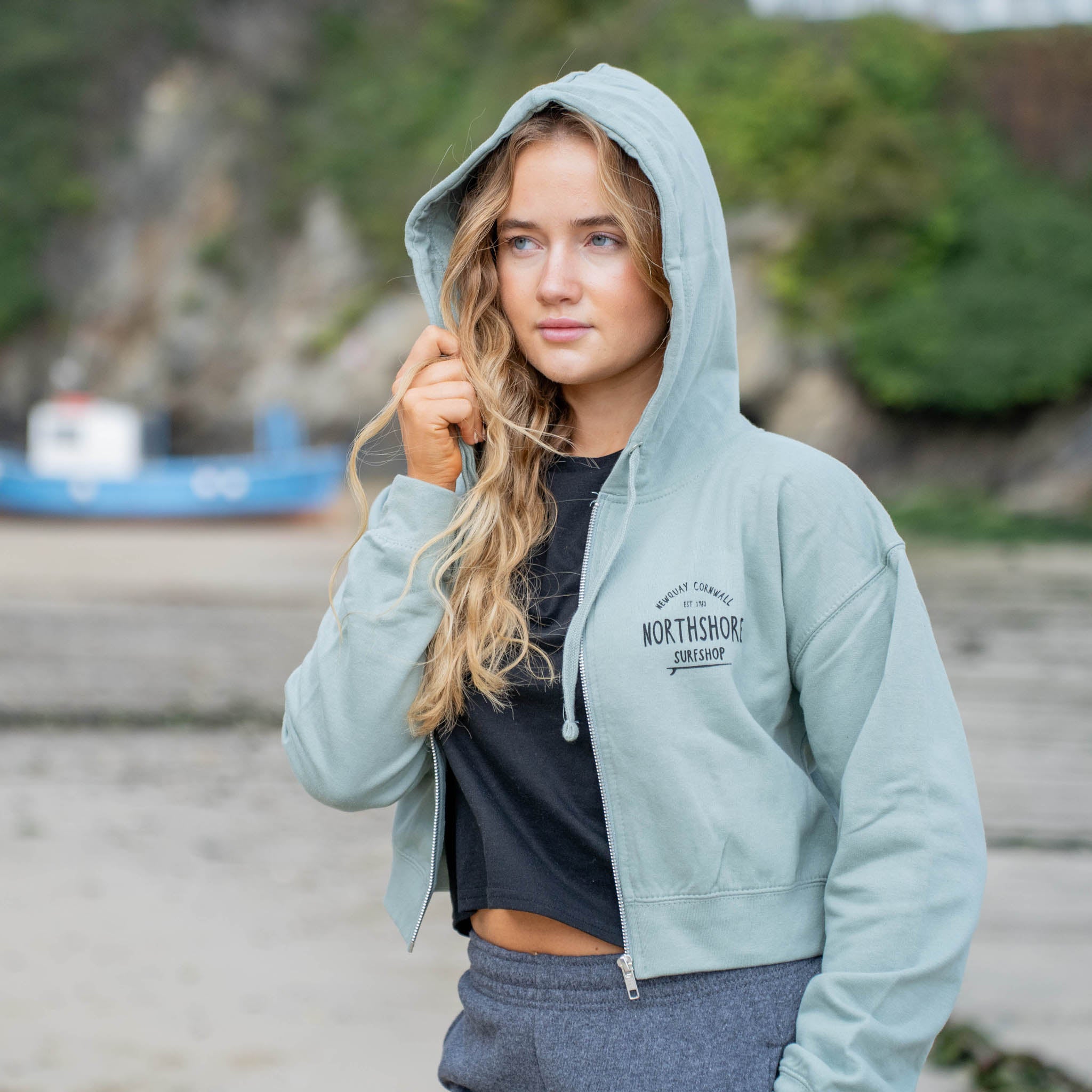 Girls Cropped Zip Hood | Dusty Green | Northshore Surf Shop | Hooded Sweatshirt - Northshore Newquay - Surf/Skate