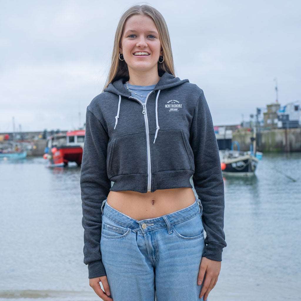 Girls Cropped Zip Hood | Grey | Northshore Surf Shop | Hooded Sweatshirt - Northshore Newquay - Surf/Skate Shop