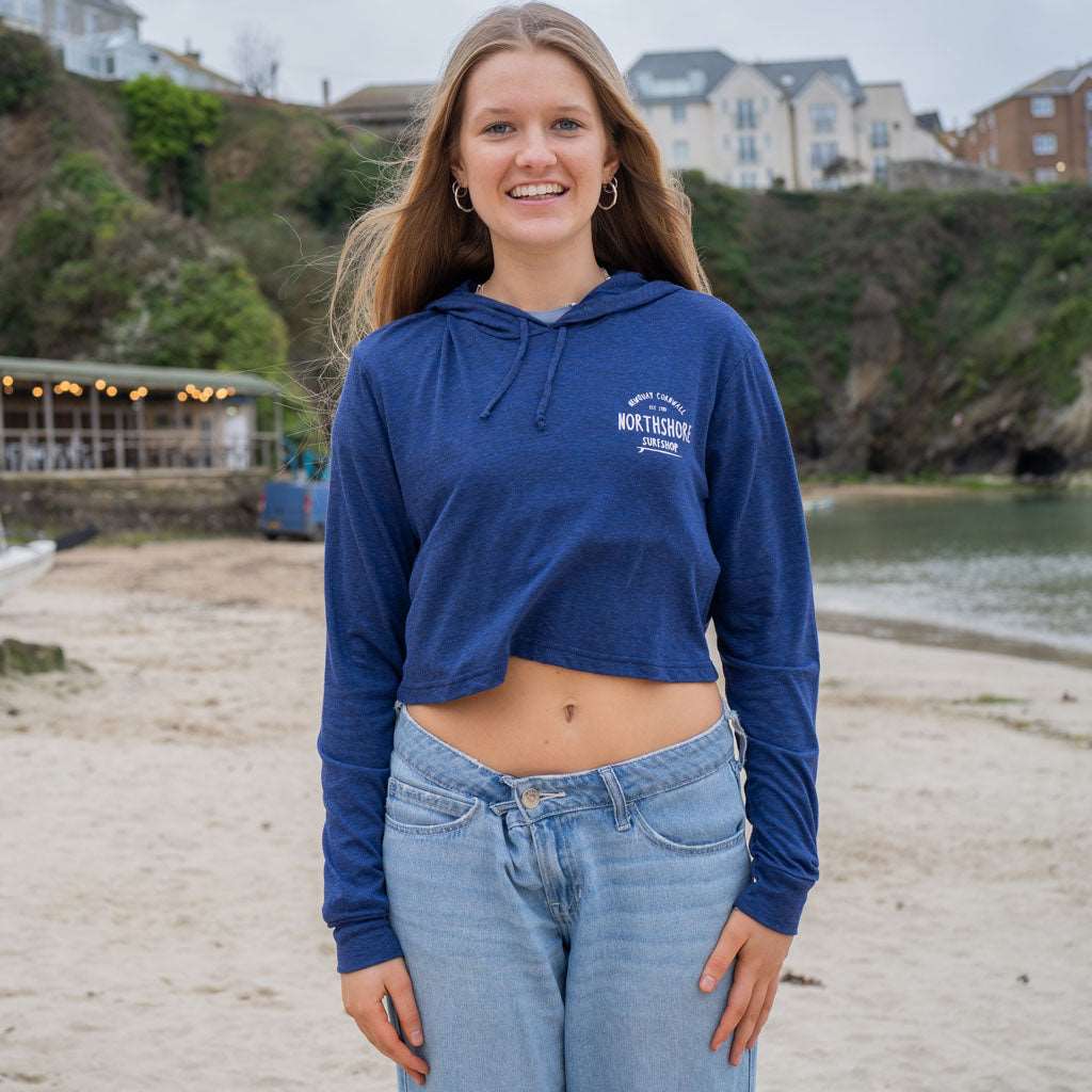 Girls Crop LS Hooded Tee | Navy | Northshore Surf Shop | Long Sleeve T Shirt - Northshore Newquay - Surf/Skate Shop