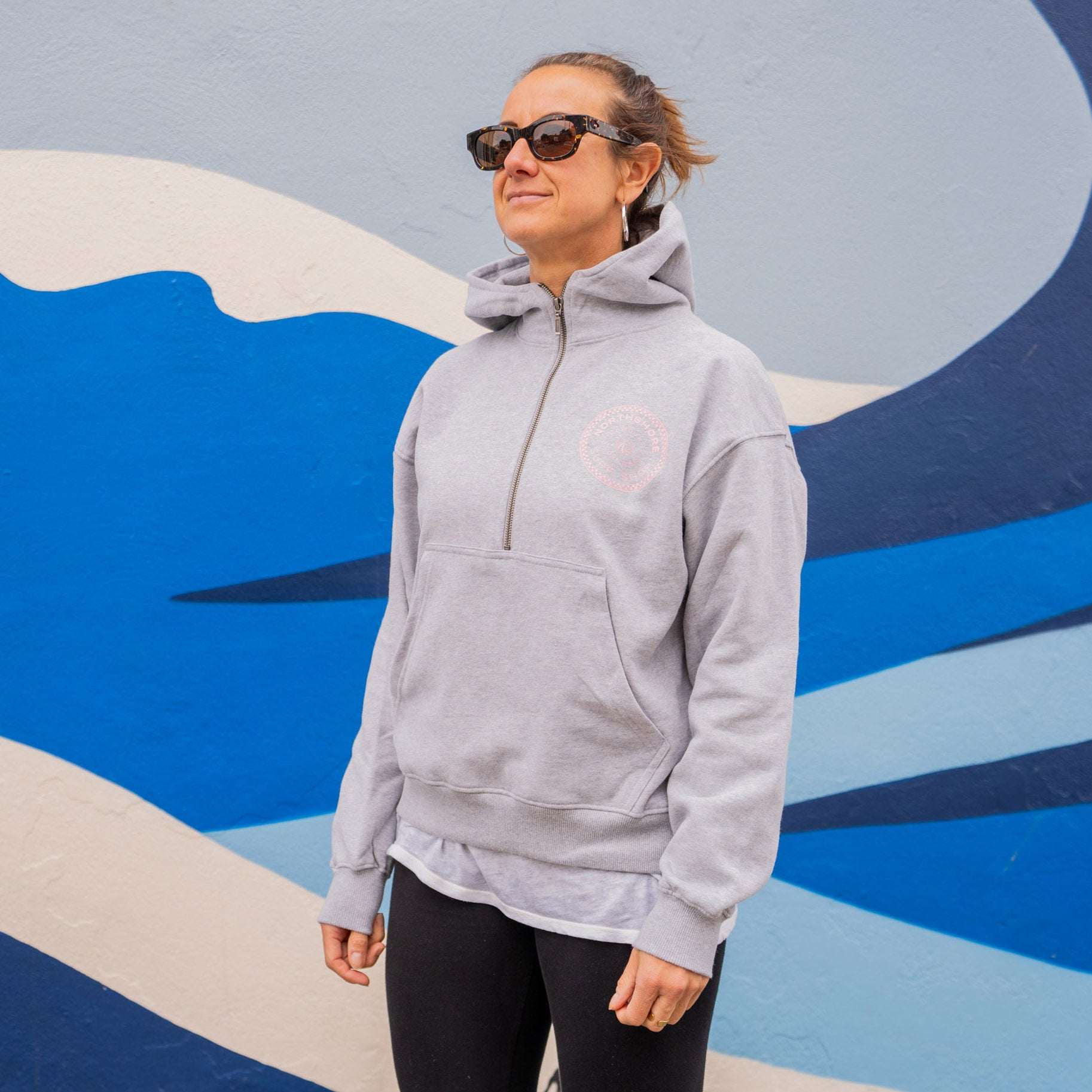 Northshore Women's Checkered Half Zip Hoody-Light Heather Grey | Northshore Surf Shop | - Northshore Newquay - Surf/Skate Shop