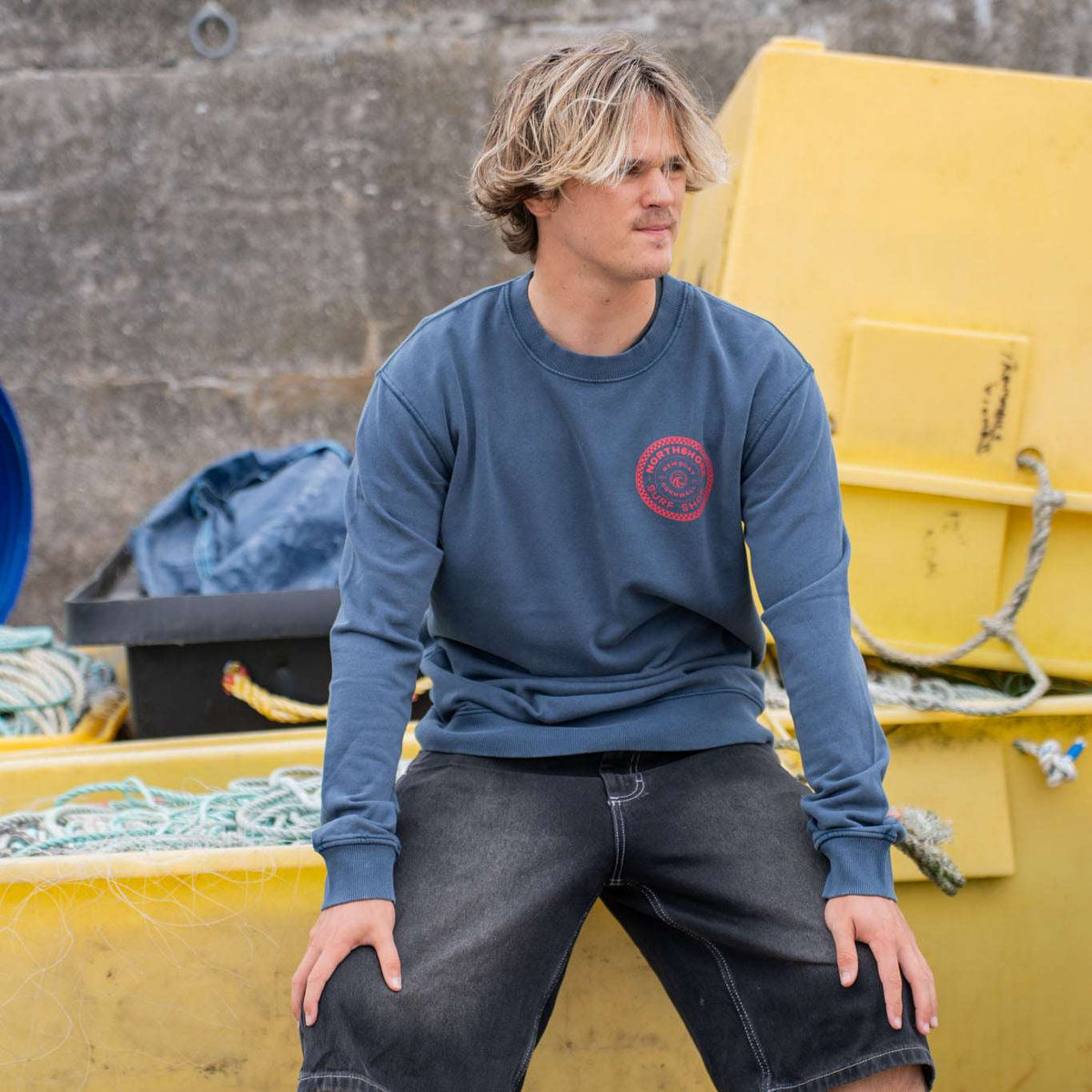 Northshore Checkered Crew- Washed Denim | Northshore Surf Shop | - Northshore Newquay - Surf/Skate Shop