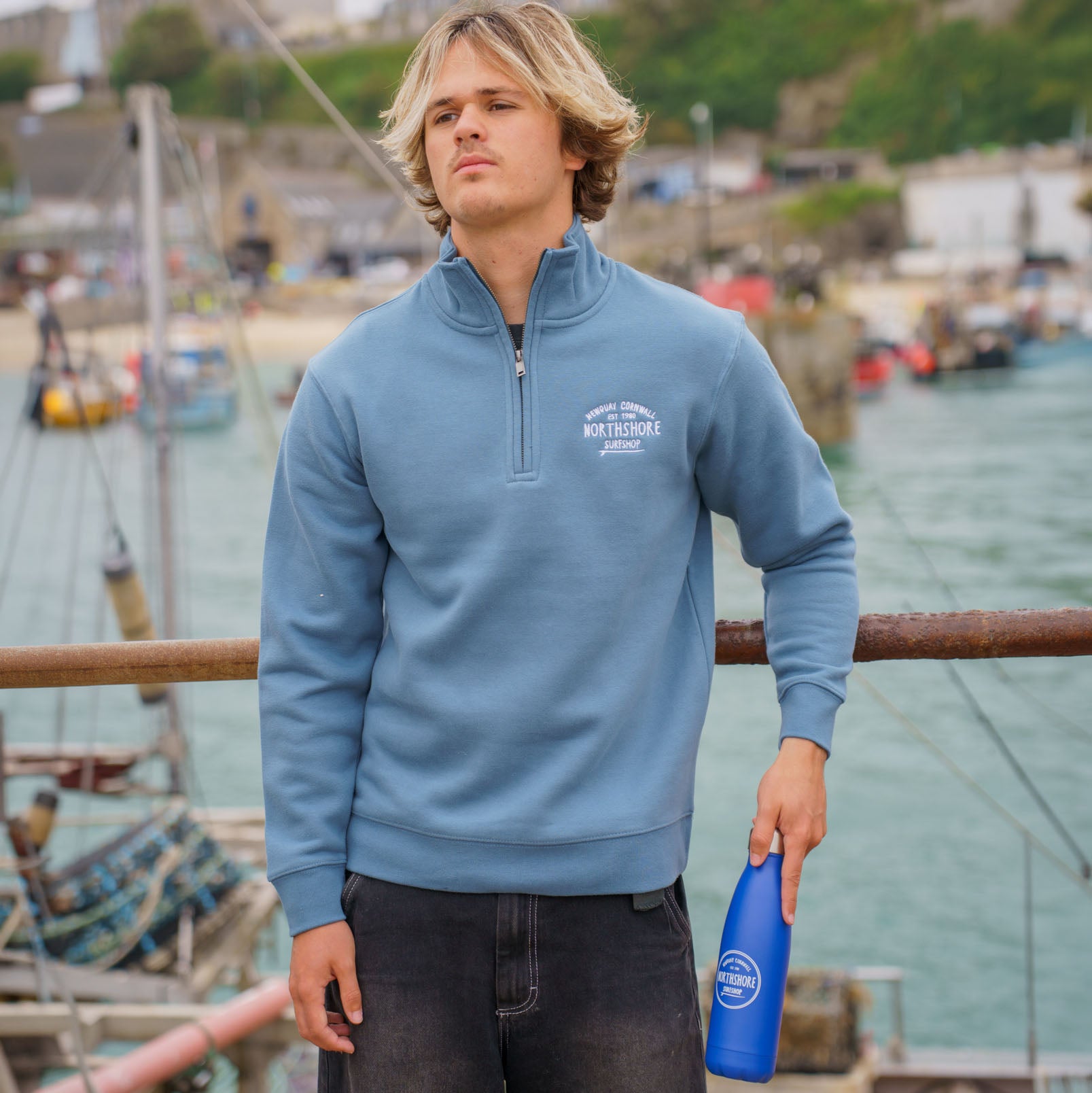 Northshore Emroidered Quarter Zip sweatshirt-Ocean Blue | Northshore Surf Shop | Sweatshirt - Northshore Newquay - Surf/Skate Shop