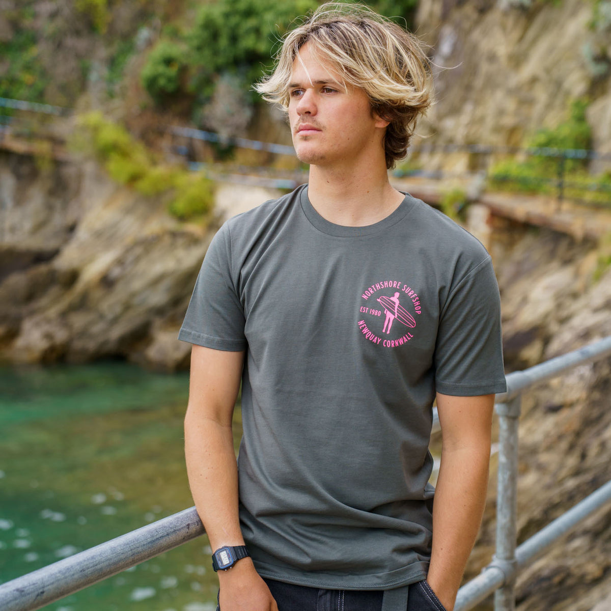 Heritage Organic Tee | Charcoal/Pink | Northshore Surf Shop | T Shirt - Northshore Newquay - Surf/Skate Shop