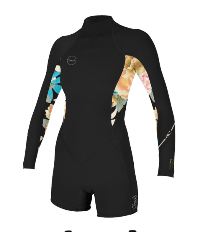 O'Neill Ladies Bahia L/Spring Shorty 2/1mm Wetsuit - Black / MikahFloral | O’neill | - Northshore Newquay - Surf/Skate Shop