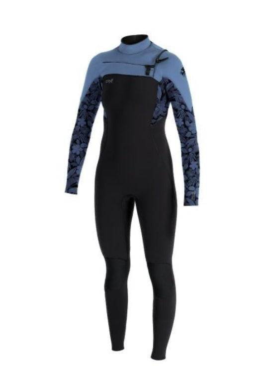 O'NEILL WOMENS EPIC 4/3MM CHEST ZIP WETSUIT - BLACK / STORMY PALM / FADED DENIM | O’neill | - Northshore Newquay - Surf/Skate