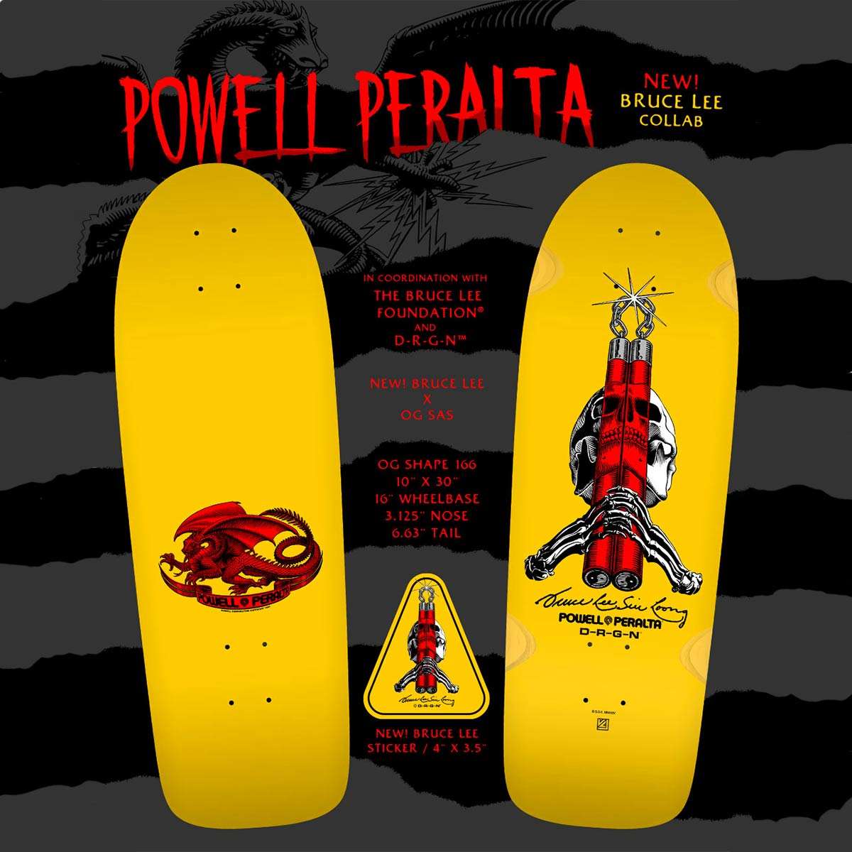 Powell Peralta Skull & Nunchucks Bruce Lee Collab Skateboard Deck Yellow - 10 x 30 | Powell Peralta | - Northshore Newquay - Surf/Skate Shop