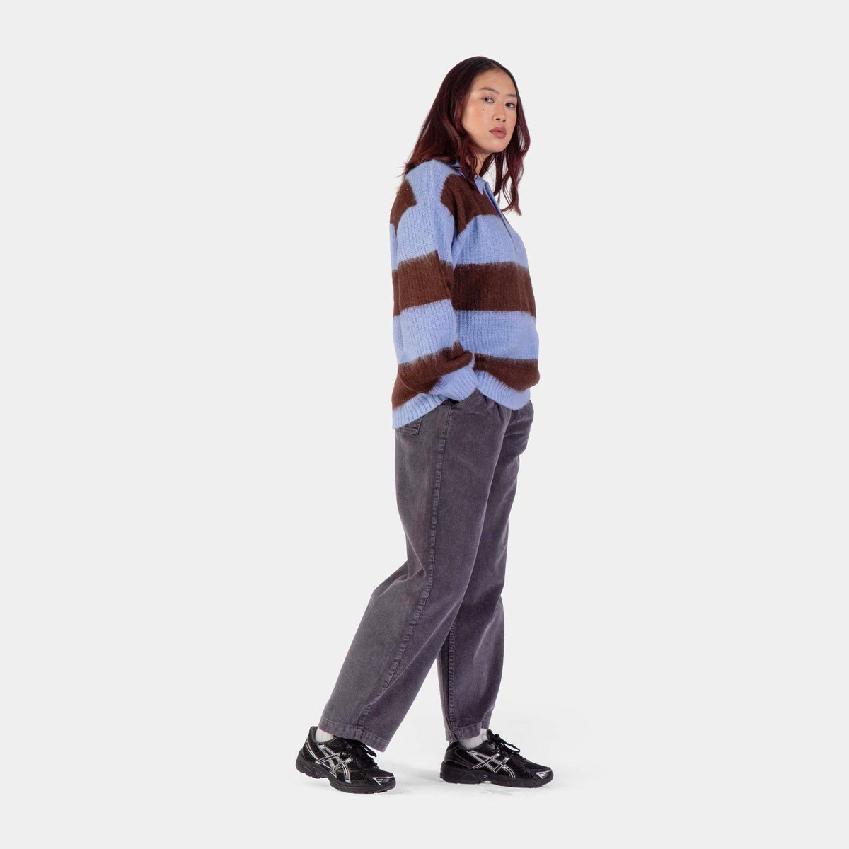 Santa Cruz Women's Groovy Stack Knitted Polo Top-Blue/Brown Stripe