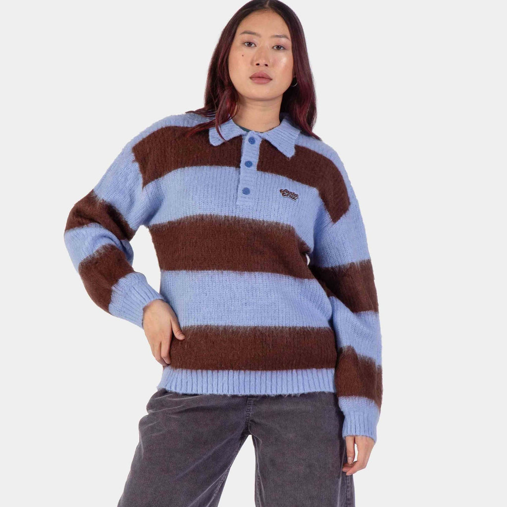 Santa Cruz Women's Groovy Stack Knitted Polo Top-Blue/Brown Stripe