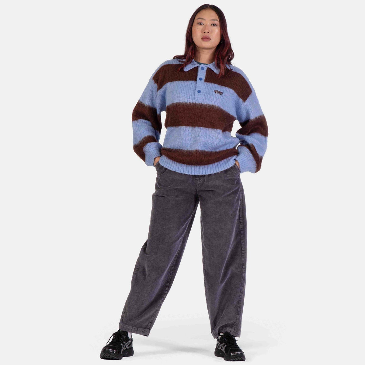 Santa Cruz Women's Groovy Stack Knitted Polo Top-Blue/Brown Stripe