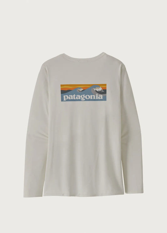 Patagonia Women's Long-Sleeved Capilene® Cool Daily Graphic Shirt Waters-Boardshort Logo-White | Patagonia |
